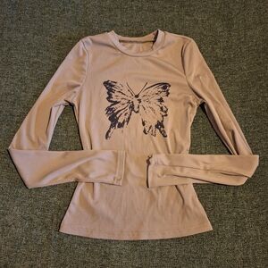 SHEIN Light Green Butterfly Graphic Long Sleeve Tee